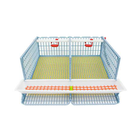 Hatching Time Cimuka 2 section Quail cage front view with open roof and front wall removed. Shows floor plan, feeding trough, drinker system and roll out egg trays.