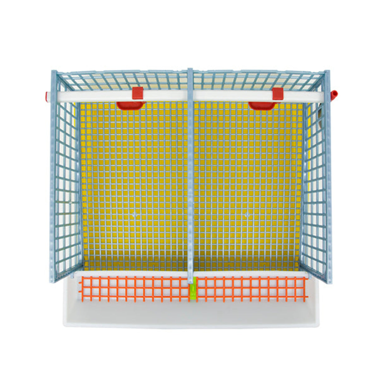 Hatching Time Cimuka Quail Cage - 2 Section - Above view showing drinker system, flooring and feeding trough.