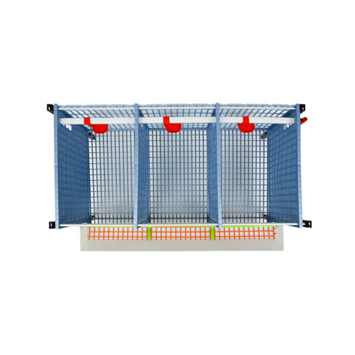 Hatching Time Cimuka. Partridge cage can be seen from above, drinker system is at back of cage, feeding trough can be seen in front of cage. Roof section removed to show interior.