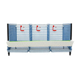 Hatching Time Cimuka. Front view of partridge cage sections with front door removed. Feeding trough is in front. Roll-out egg trays are under feeding trough and water drinker system is at back of cage.