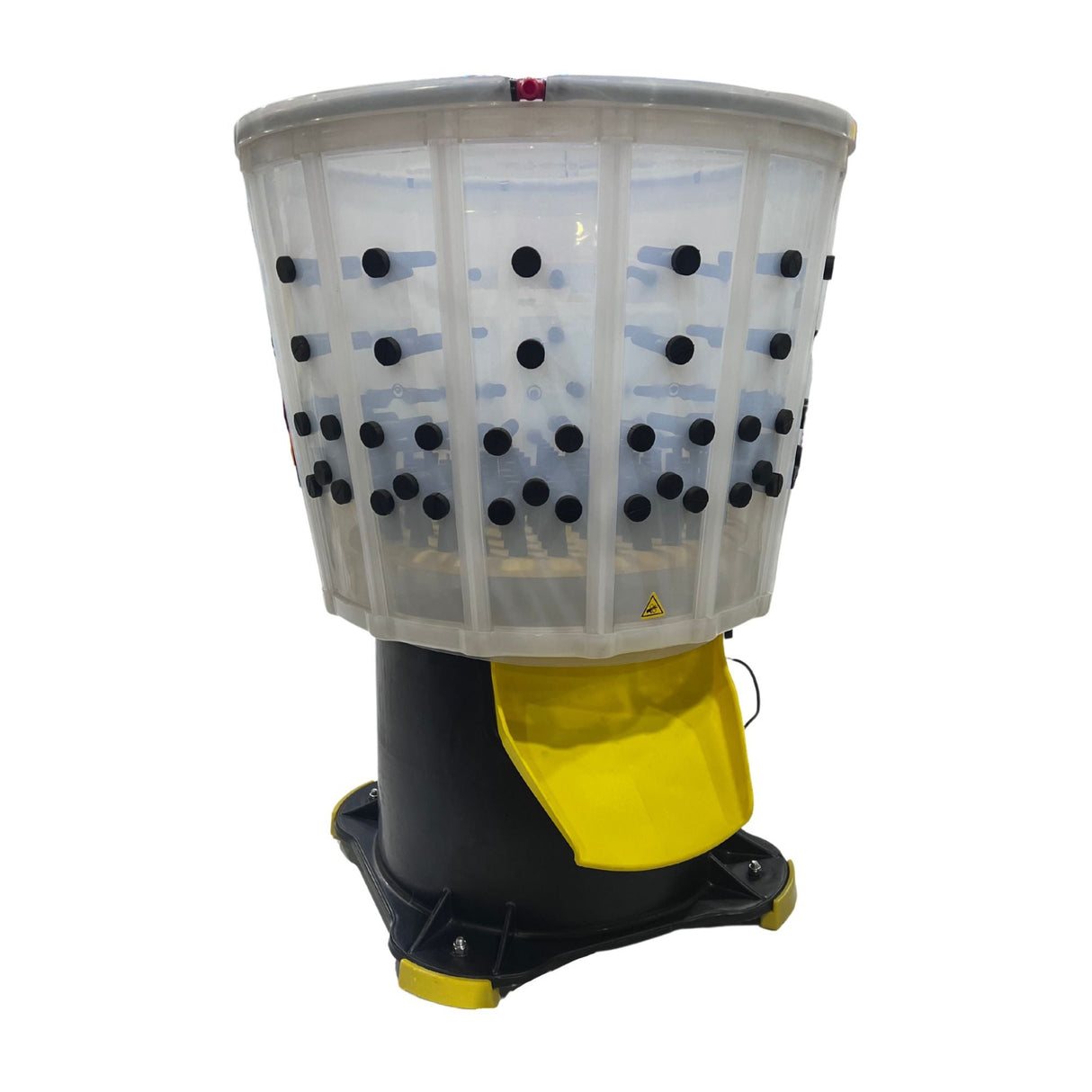 Hatching Time Cimuka. Image shows XL chicken feather plucker with Food-grade plastic feather plucker with visible feather chute. Rubber plucker fingers can be seen from outside of drum.