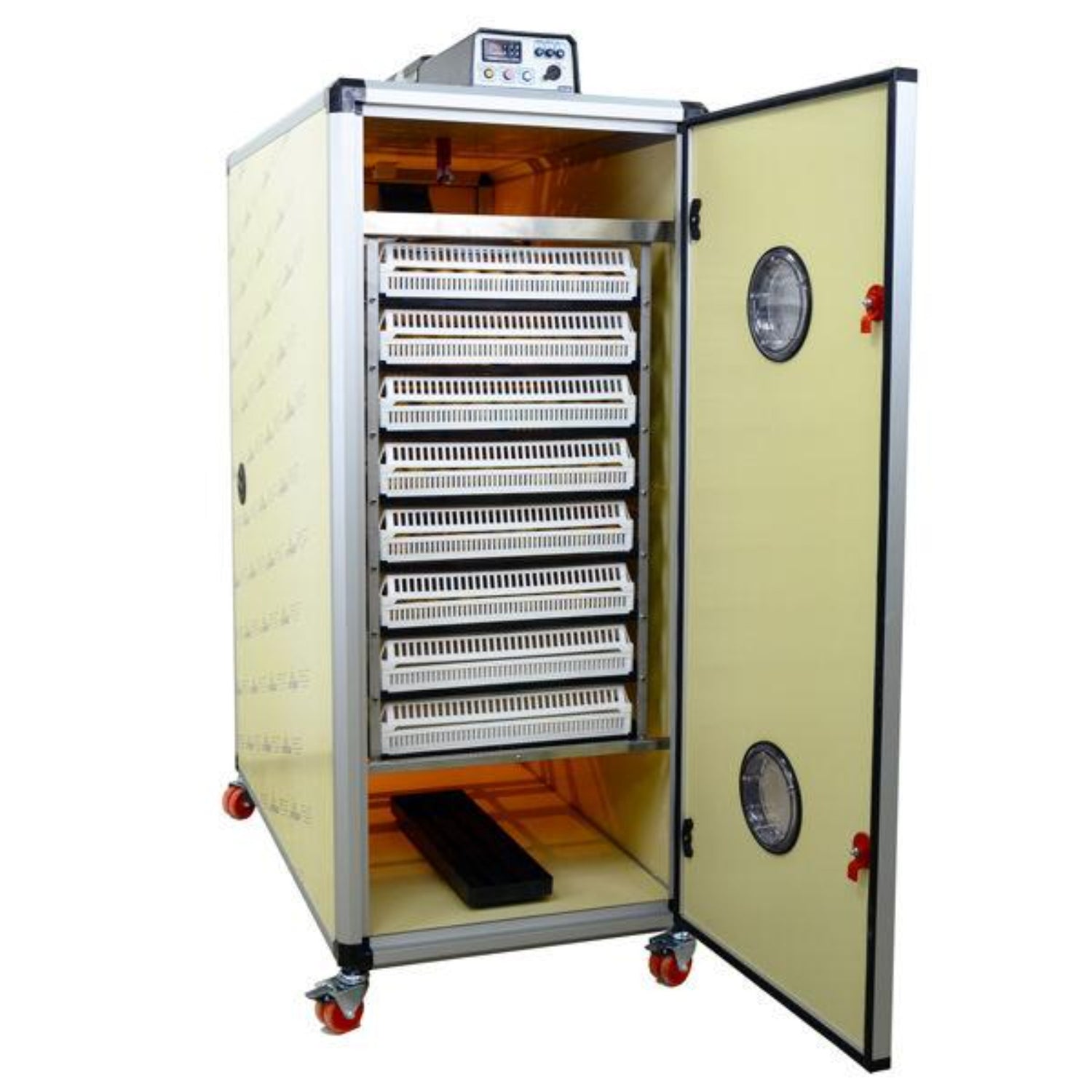 Hatching Time Cimuka. T series incubator can be seen in image with full racks of hatching baskets for final egg hatching and securing newly hatched chicks.