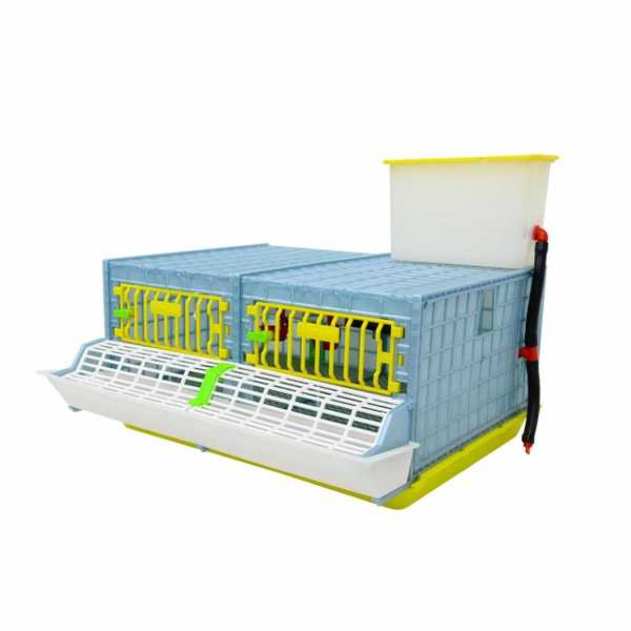 Hatching Time Cimuka GL25 9.5" Grow out Pen 1 section visible with front wall, door feeding trough visible and water reservoir tank on top of grow out pen.