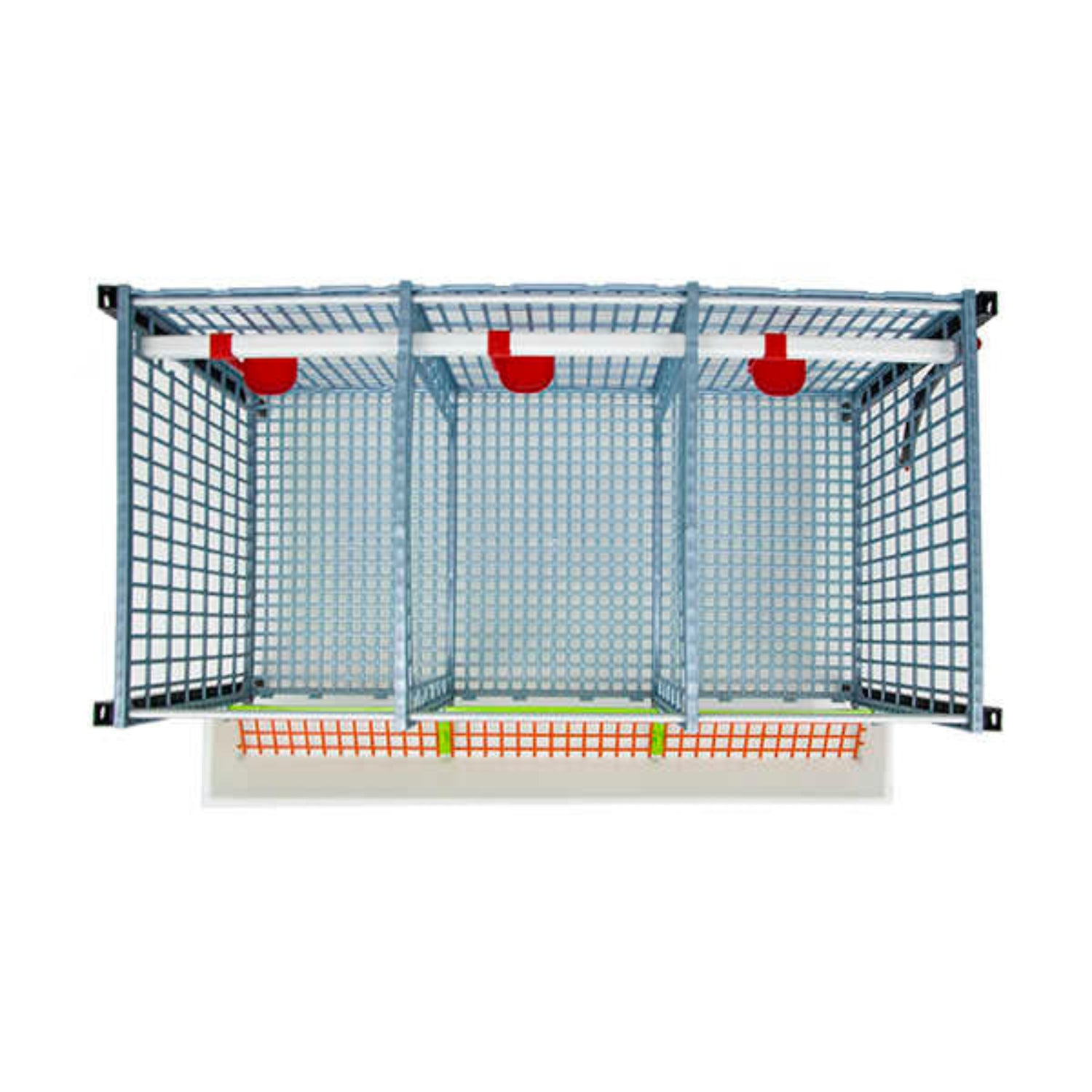 Hatching Time Cimuka 15" Layer addition for GL40 top view with roof removed. Feeding trough with smart feeder grill can be seen on front and automatic drinker system can be seen on back of grow out pen.