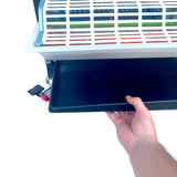 Hatching Time Cimuka 9.5" Grow out pen. Manure tray being pulled out of bottom of grow out pen. Feeding trough can be seen with cover.