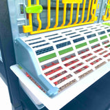 Hatching Time Cimuka. GL25 9.5” Grow out pen angled view of front showing feeder trough, trough cover and front door.