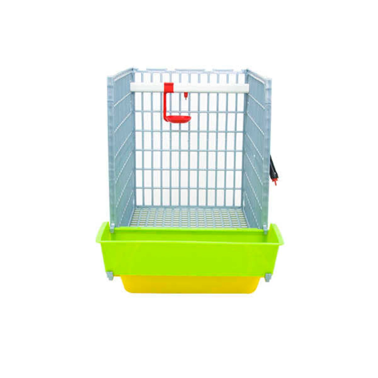 Hatching Time Cimuka 1 section CB40 15" grow out pen with roof and front wall removed to show interior. Feeding trough is in front of grow out pen. Automatic drinker system can be seen on back wall of grow out pen.