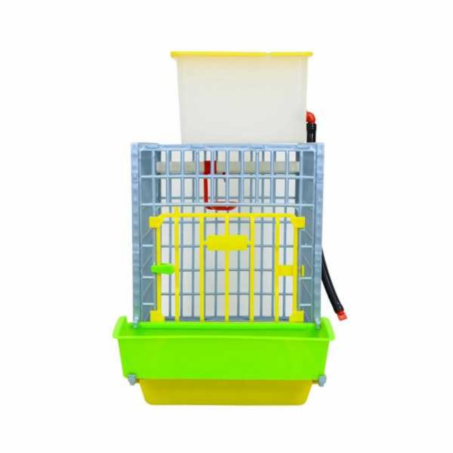 Hatching Time Cimuka front view of 1 section GL40 15" grow out pen. Feeding trough can be seen in front. Water Reservoir can be seen on top of grow out pen.