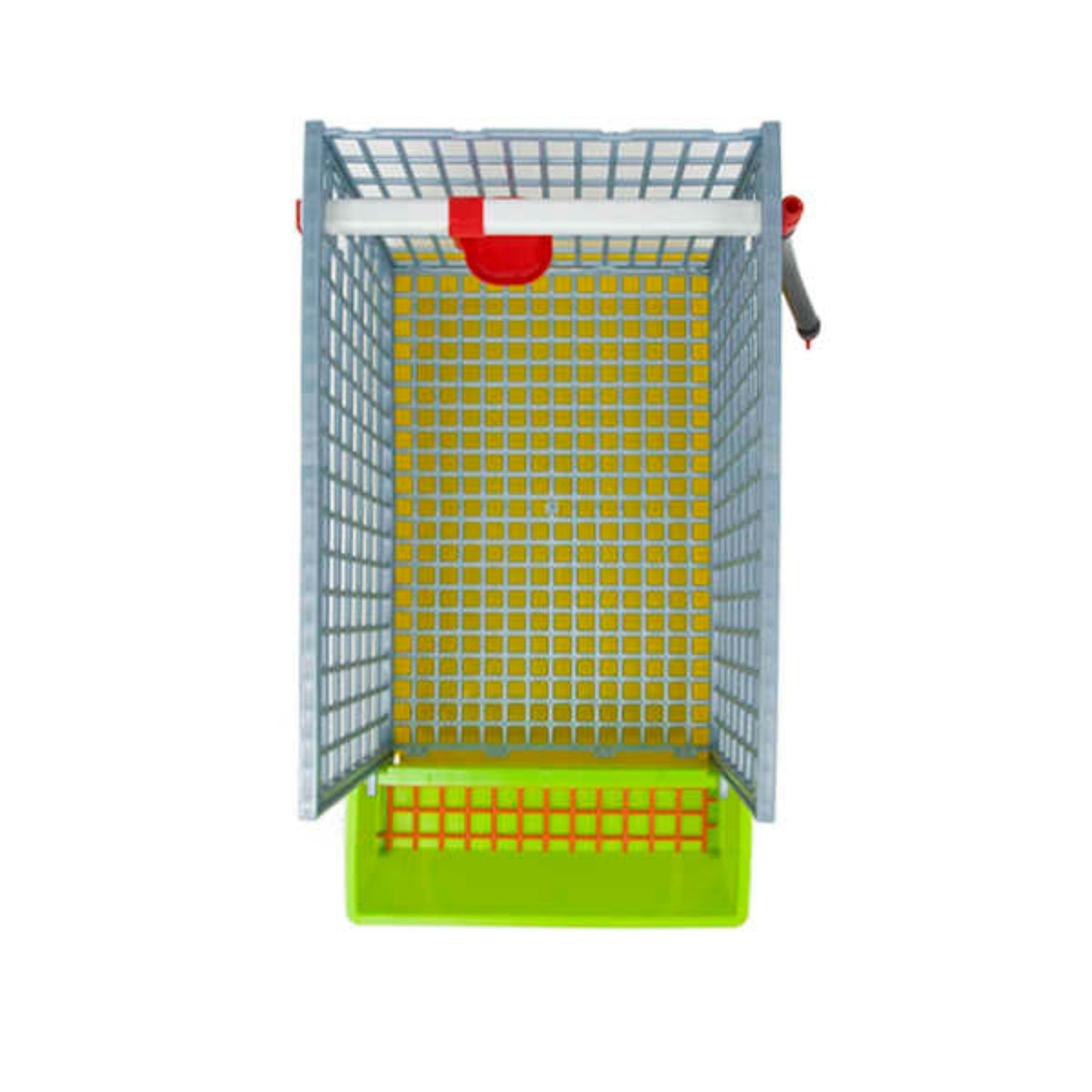 Hatching Time Cimuka GL40 15" Grow out pen with roof and front wall removed to see interior. Feeding trough is in front of the grow out pen with smart grill feed guard. Automatic drinker pipes are mounted on wall of grow out pen.