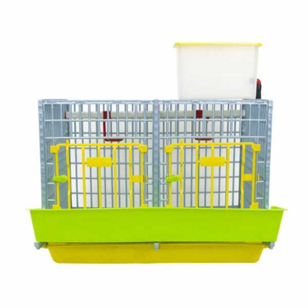 Hatching Time Cimuka front view of 2 section GL40 15" grow out pen. Feeding trough can be seen in front. Water Reservoir can be seen on top of grow out pen.