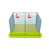Hatching Time Cimuka 1 section CB40 15" grow out pen with roof and front wall removed to show interior. Feeding trough is in front of grow out pen. Automatic drinker system can be seen on back wall of grow out pen.