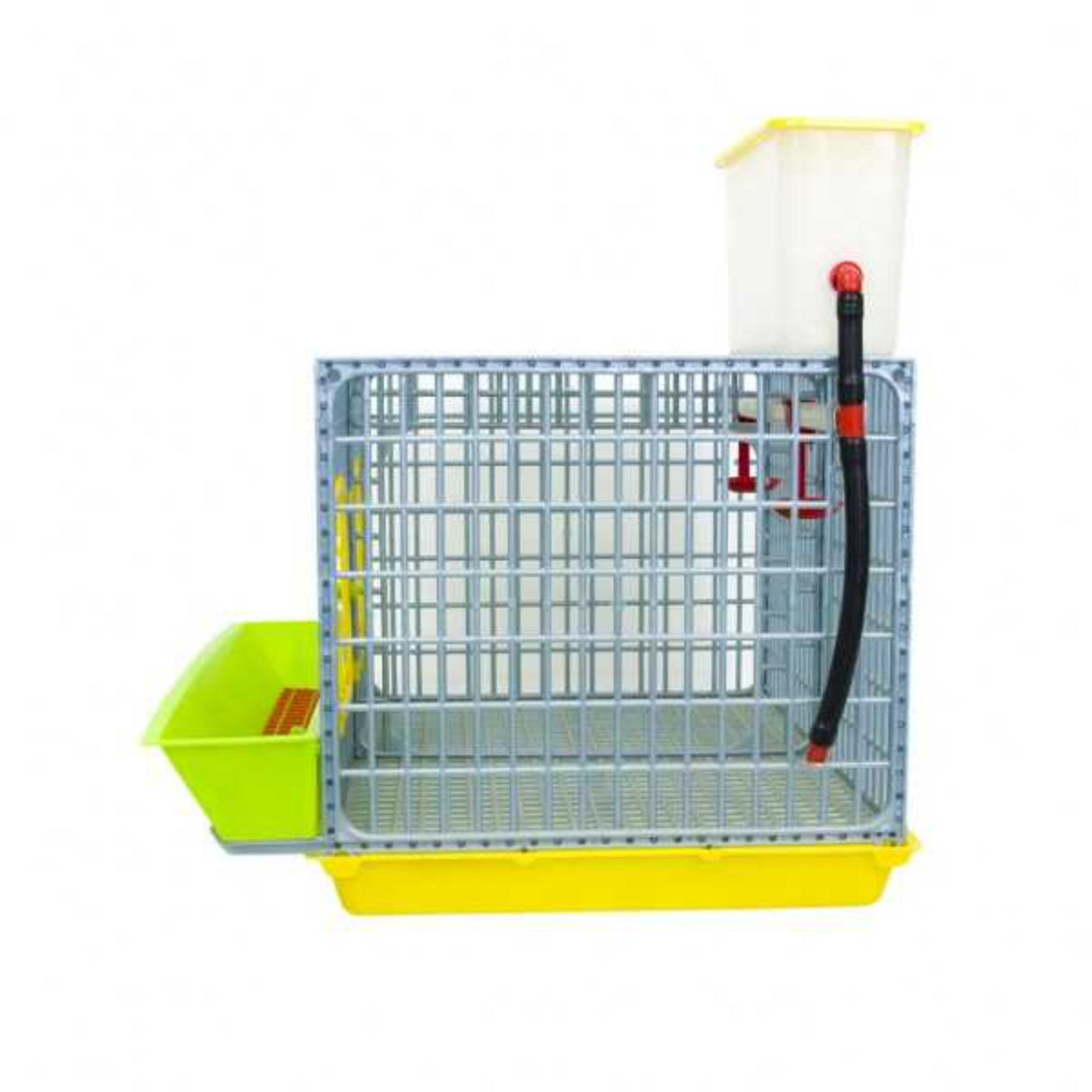 Hatching Time Cimuka GL40 15" Grow out pen 2 section side view. Side wall can be seen with feeding trough in front of the grow out pen. Water reservoir tank can be seen on top of cage with a hose for automatic drinker system attached.