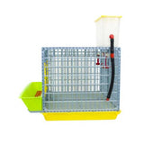 Hatching Time Cimuka GL40 15" Grow out pen 2 section side view. Side wall can be seen with feeding trough in front of the grow out pen. Water reservoir tank can be seen on top of cage with a hose for automatic drinker system attached.