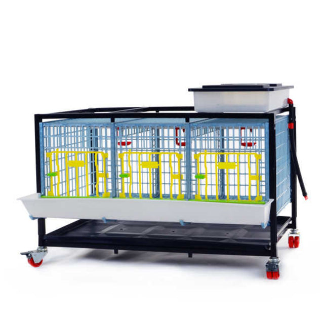 Hatching Time Cimuka GL40 15" Grow out pen. Single layer can be seen with water reservoir on top for automatic drinker system. Feeding trough visible in front and manure tray below cage. System is on rolling casters.