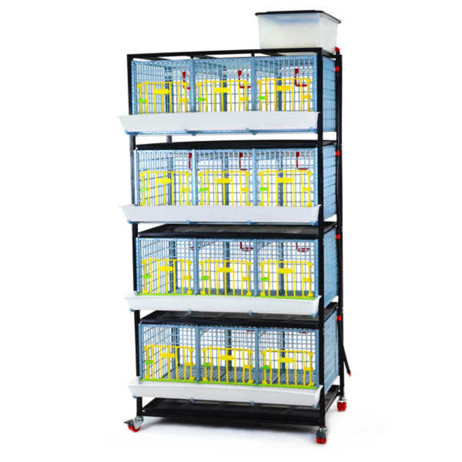 Hatching Time Cimuka GL40 15" Grow out pen. 4 layer can be seen with water reservoir on top for automatic drinker system. Feeding trough visible in front and manure tray below cage. System is on rolling casters.