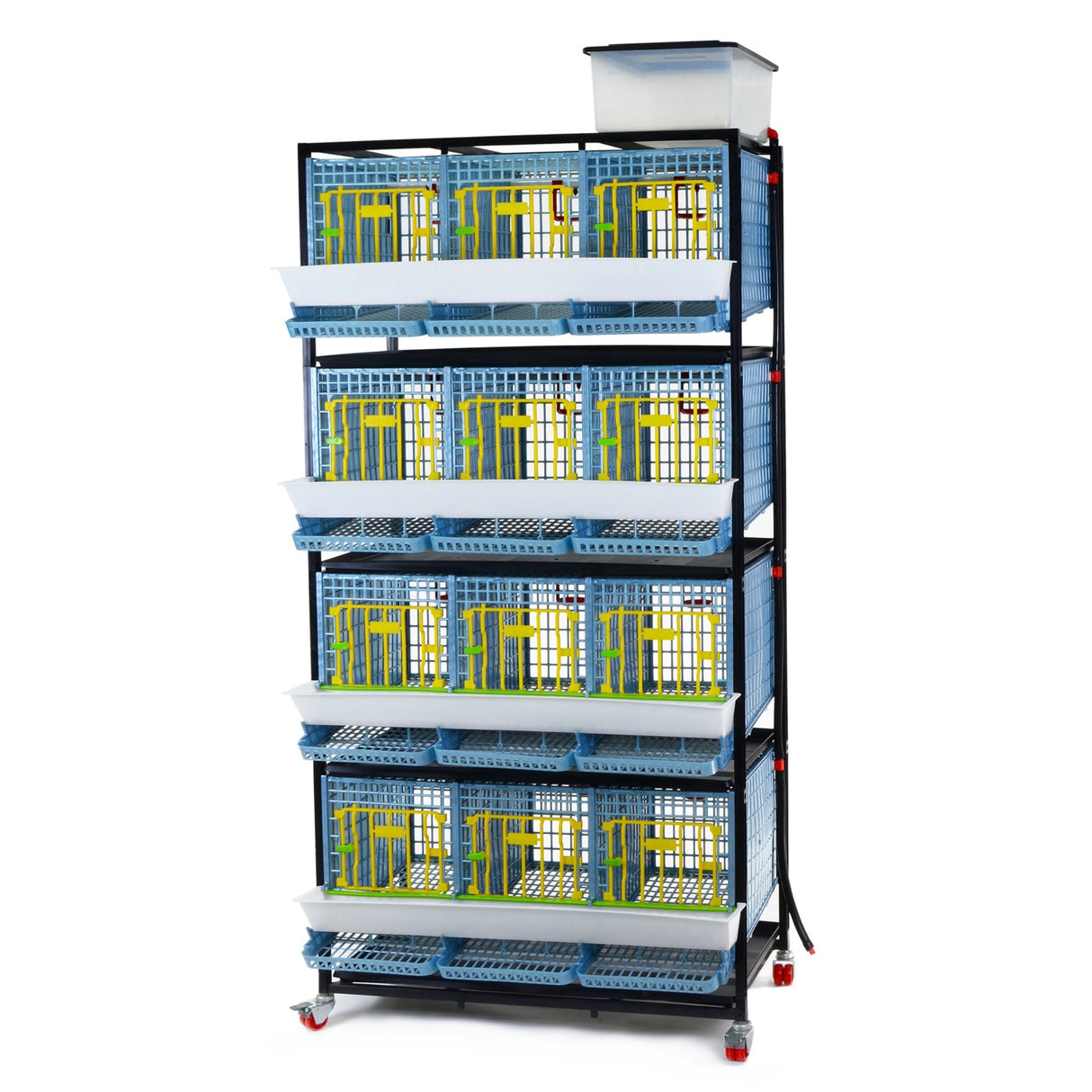 Hatching Time Cimuka. 4 Layer Partridge Cage can be seen with feeding troughs in front of doors, roll-out egg trays under each section. Gravity-fed water system tank is on top of cages with a hose connected down to each section. Cage system is on wheels. 