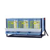 Hatching Time Cimuka. Partridge Cage layer addition can be seen with feeding troughs in front of doors, roll-out egg trays under each section. Gravity-fed water system tank is on top of cages with a hose connected down to each section. Cage system does not include wheels.