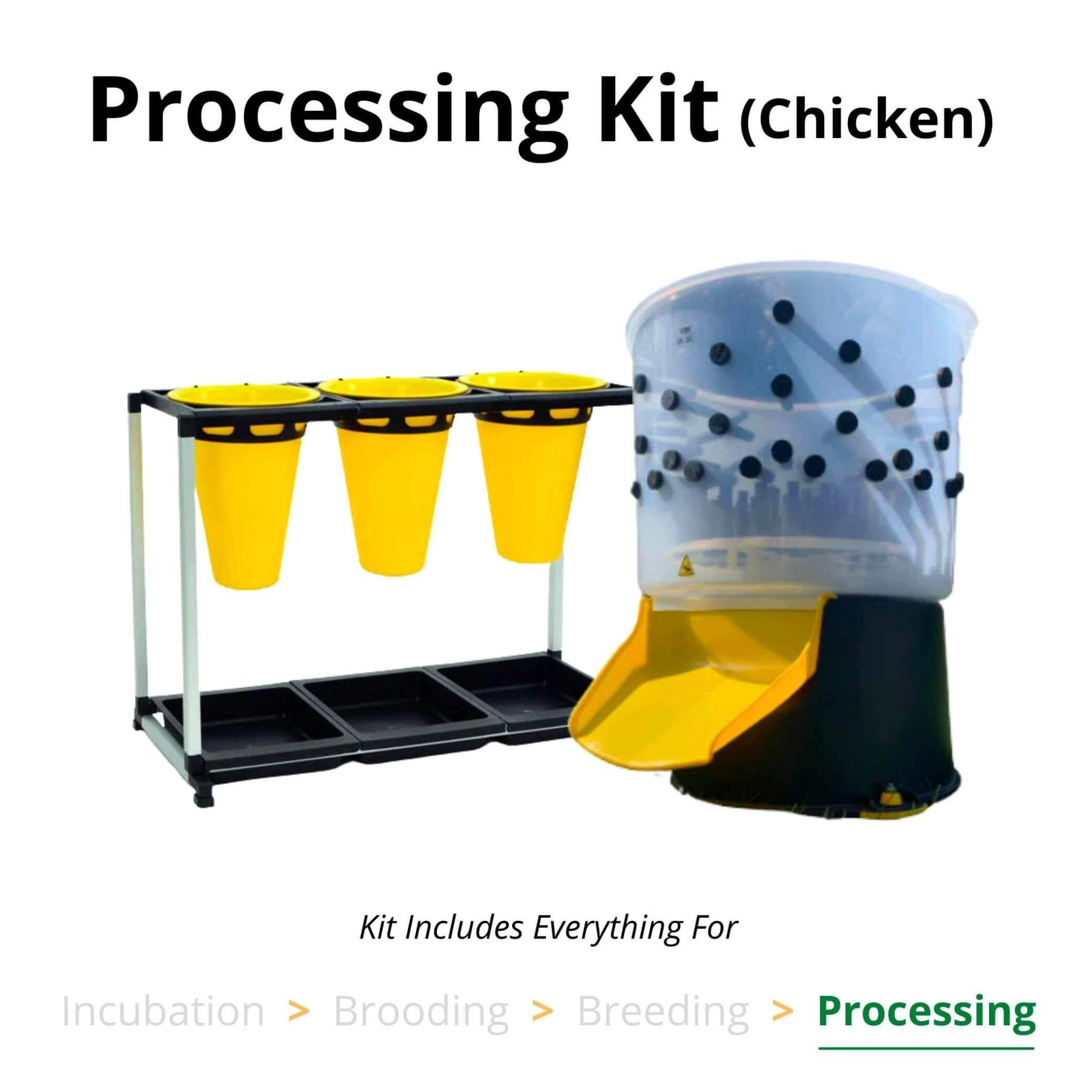 Hatching Time Cimuka. Image shows a processing kit for chickens. 3 kill cones can be seen next to a feather plucker. Image text reads “Kit includes everything for Processing”