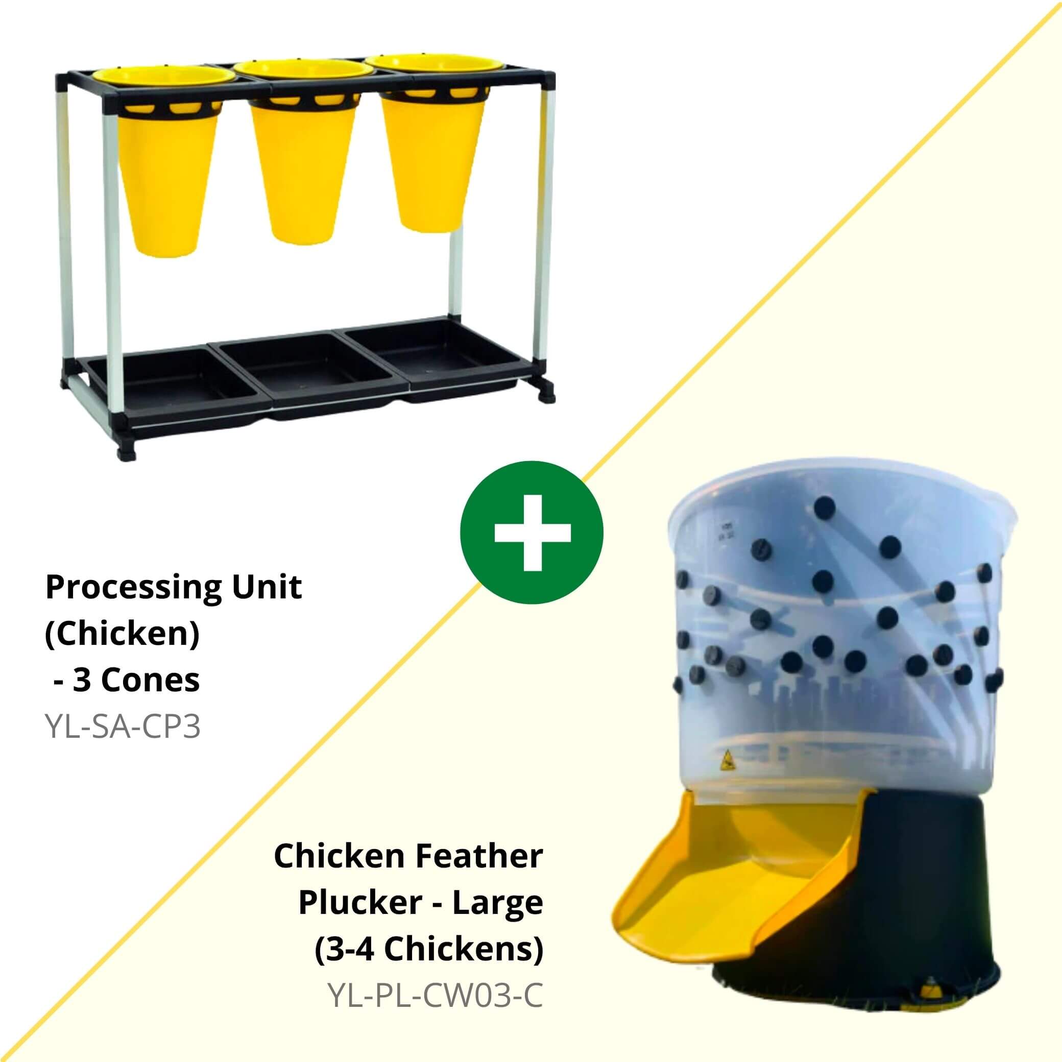 Hatching Time Cimuka. Image shows that kit comes with Processing cones and Feather plucker for chickens.