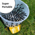 Hatching Time Cimuka. Above view of feather plucker on grass. Text reads “Super Portable”