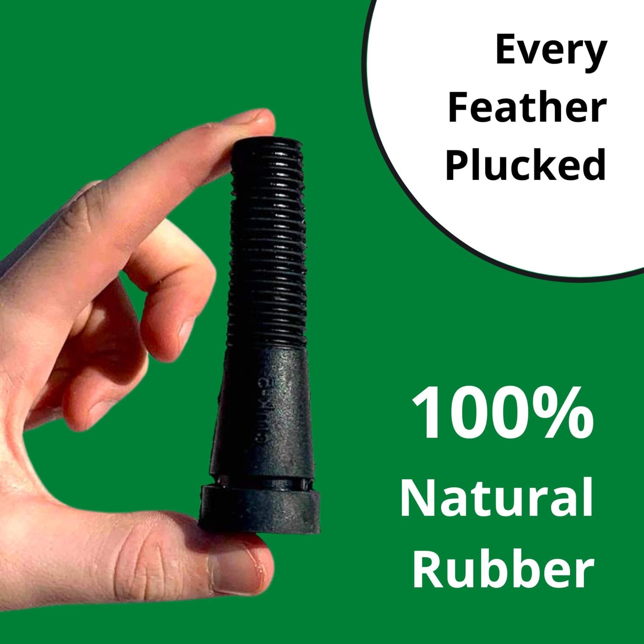 Hatching Time Cimuka. Image of plucker finger being held in hand. Text reads "every feather plucked 100% natural rubber.