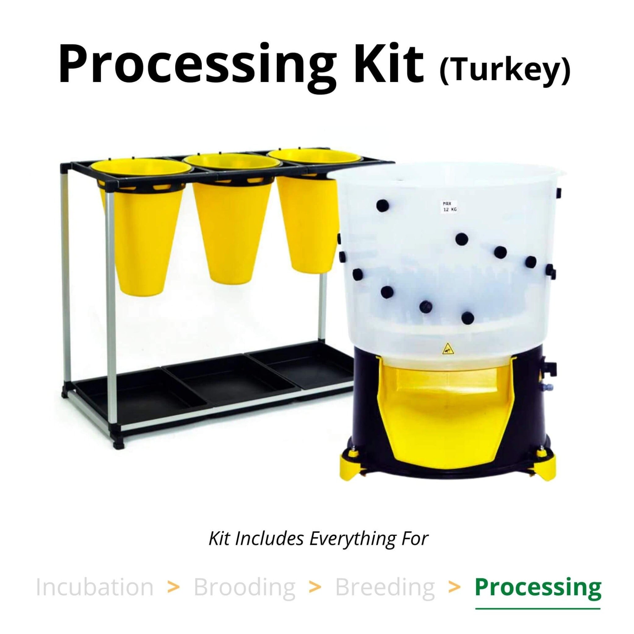 Hatching Time Cimuka. Image shows a processing kit for Turkey. 3 kill cones can be seen next to a feather plucker. Image text reads “Kit includes everything for Processing”