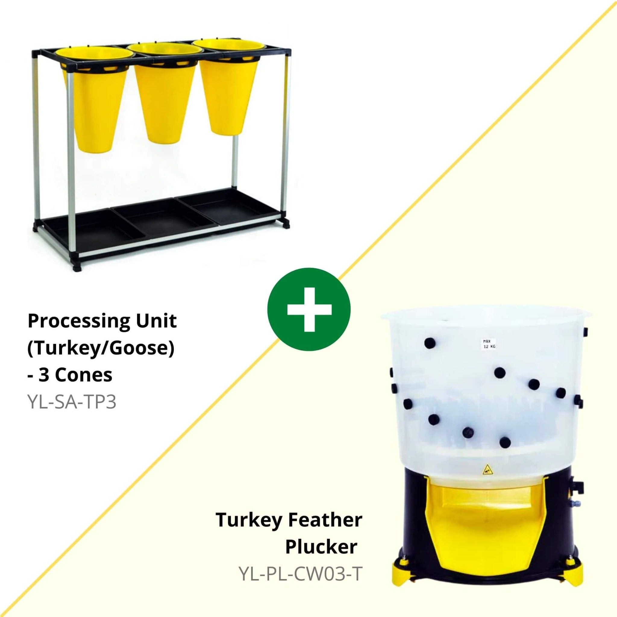 Hatching Time Cimuka. Image shows that kit comes with Processing cones and Feather plucker for Turkey.