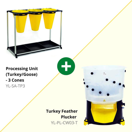 Hatching Time Cimuka. Image shows that kit comes with Processing cones and Feather plucker for Turkey.