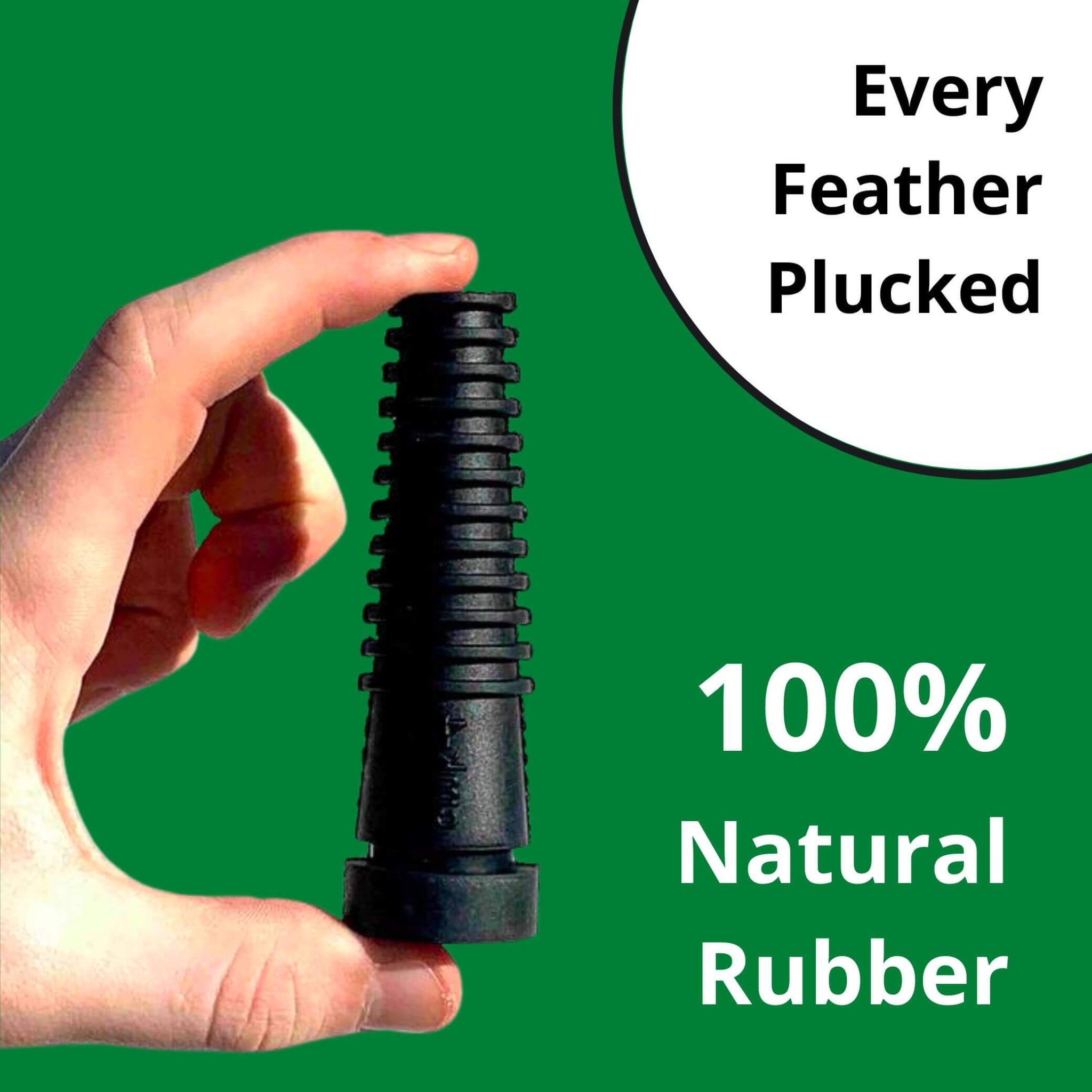 Hatching Time Cimuka. Image of plucker finger being held in hand. Text reads "every feather plucked 100% natural rubber."