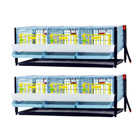 Hatching Time Cimuka Quail Cage Double Layer Addition front view shows feeding troughs, plastic doors with locks, roll-out egg trays. Manure trays can be seen. 