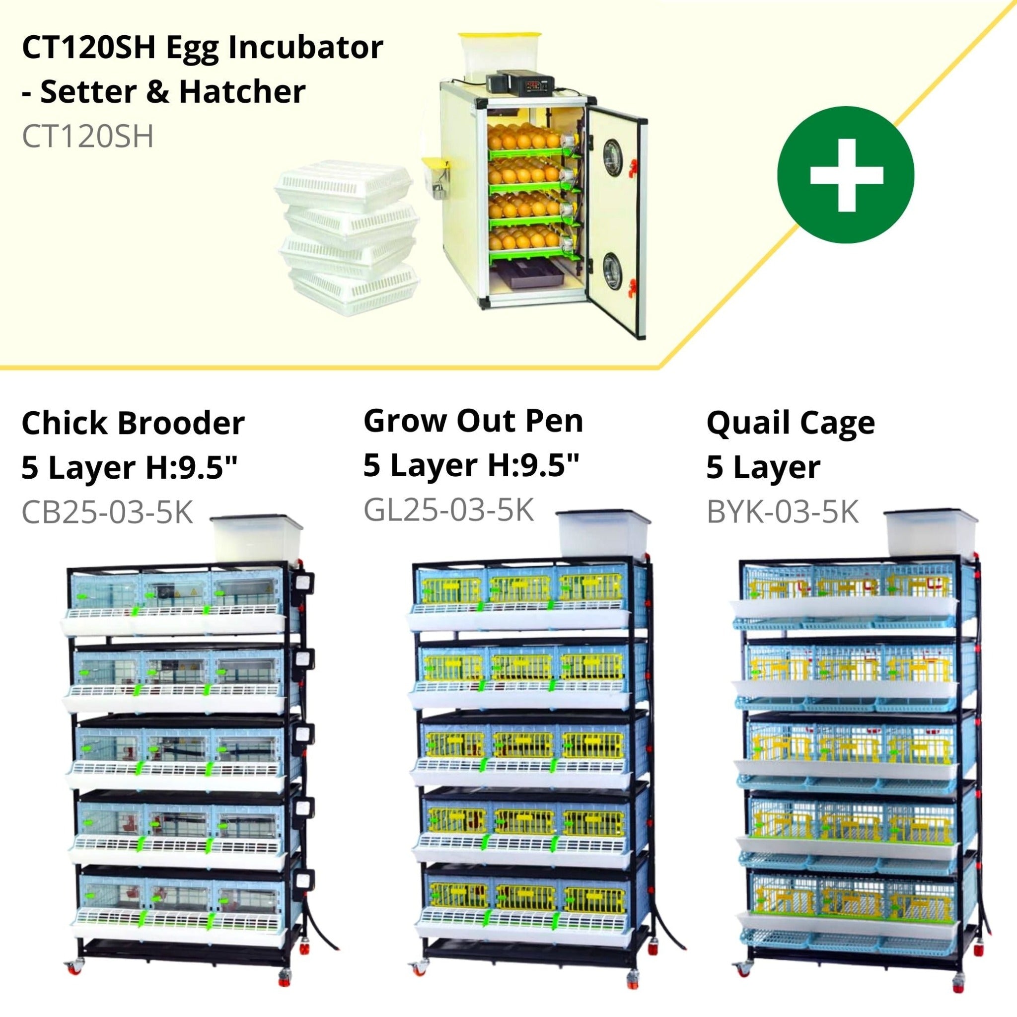 Hatching Time Cimuka. Complete system can be seen in image. Incubator with setting trays, hatching baskets, digital controls and humidity system. Chick brooder, grow out pen and quail cage are all in image.