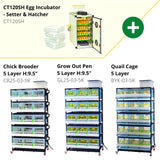 Hatching Time Cimuka. Complete system can be seen in image. Incubator with setting trays, hatching baskets, digital controls and humidity system. Chick brooder, grow out pen and quail cage are all in image.