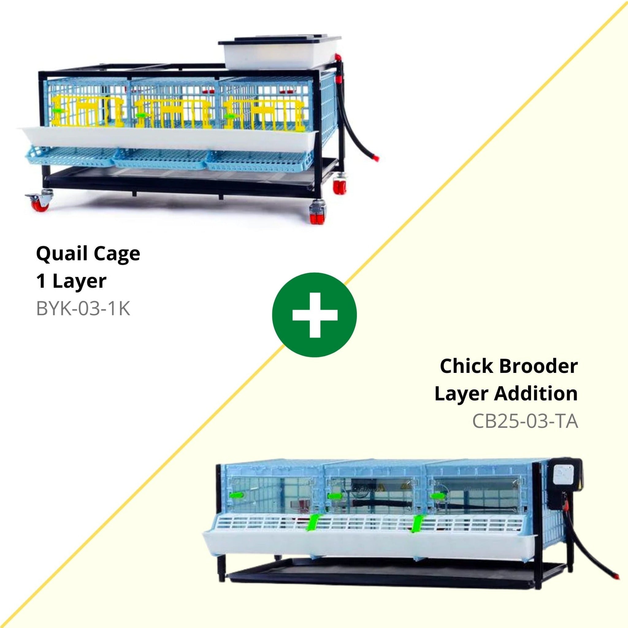 Hatching Time Cimuka Image shows that both the BYK-03-1k and CB25-03-TA enclosures are included in the Quail starter kit.