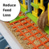 Hatching Time Cimuke Quail can be seen eating from feeding trough with feed grill cover. Text reads: reduce feed loss.