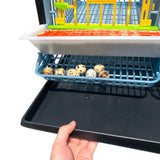 Hatching Time Cimuka Quail cage shown with pulled out Manure tray and visible roll-out egg trays with quail eggs. Full feeding trough in front of quail cage door.