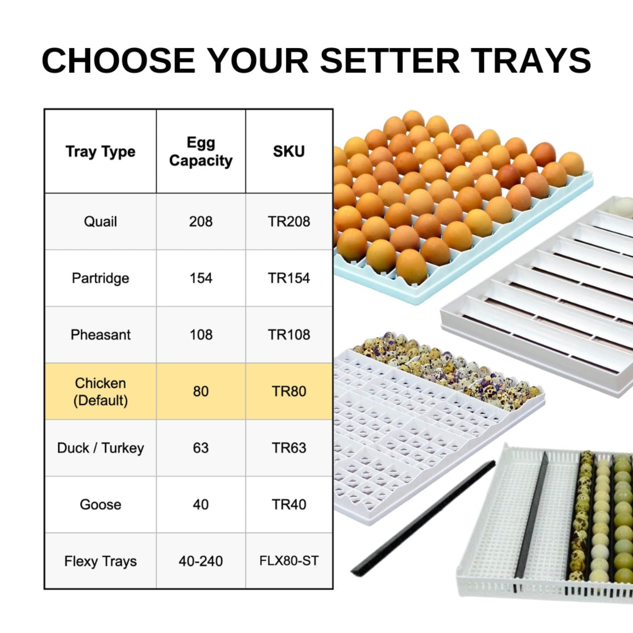 Infographic showing the different models of setter trays available. Comes default with Chicken egg trays, but can vary depending on hatching needs. Quail, Partridge, Pheasant, Duck/Turkey, Goose or Flexy Trays shown as options.