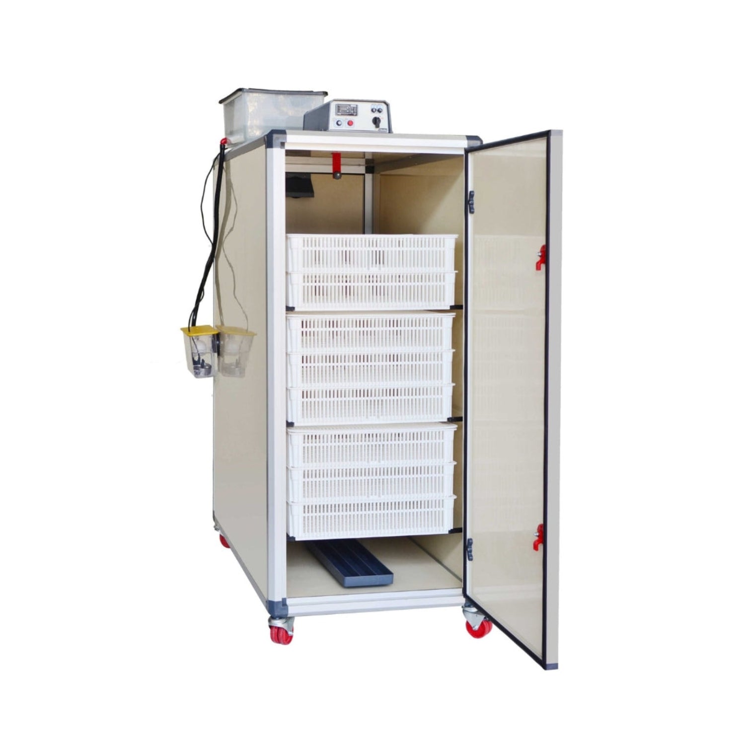 Hatching Time Cimuka. T1280H incubator is shown in image with door open to show 8 hatching baskets . Humidity tray can be seen on inside floor of incubator. Digital control panel can be seen on top of incubator. Water reservoir tank behind digital controls is connected to Humisonic humidifier on side of egg incubator.