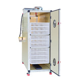 Hatching Time Cimuka. T1600H Incubator shown with doors open to see 10 Hatching baskets. Humidity tray is on floor of incubator. Digital controls on top of incubator can be seen in front of water reservoir that is connected to Humisonic humidifier on side of incubator.