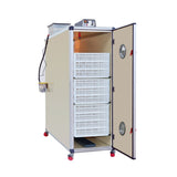 Hatching Time Cimuka. T2400H can be seen with door open to show racks full of hatching baskets. 10 hatching baskets can be seen on front racks. Digital control can be seen on top of incubator. Water reservoir tank can be seen behind incubator digital controls and connected to Humisonic humidifier.