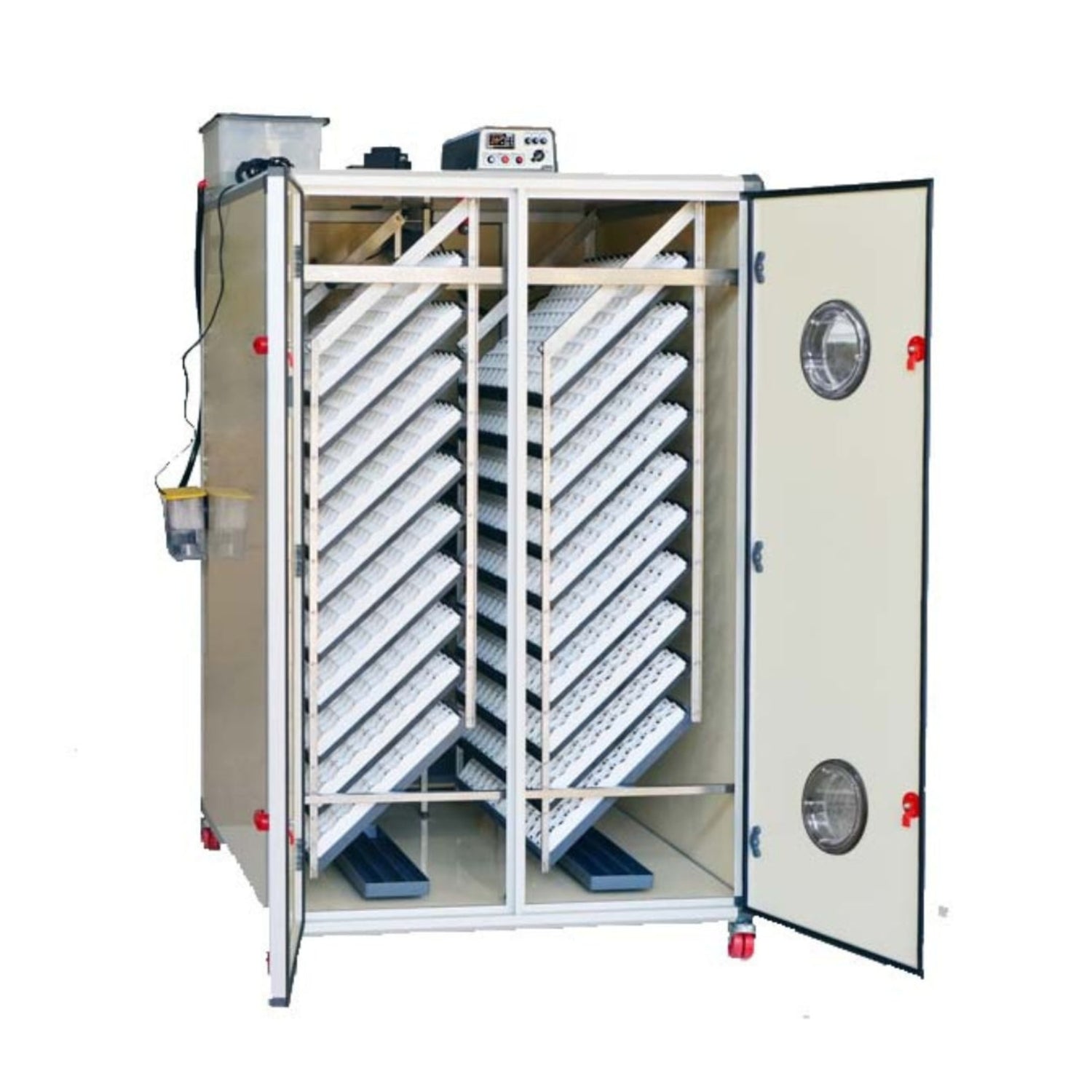 Hatching Time Cimuka. Incubator can be seen with doors open with setting trays inside of incubator. Humidity tray on inside floor can be seen. Digital control can be seen on top of incubator. Water reservoir can be seen on top of egg incubator connected to Humisonic humidifier on side of cabinet incubator.