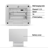 Hatching Time Therm Pro. Back of sensor can be seen with mounts for wall hanging. 3 selectable channels, reset button, TX and uses 2 AAA batteries.