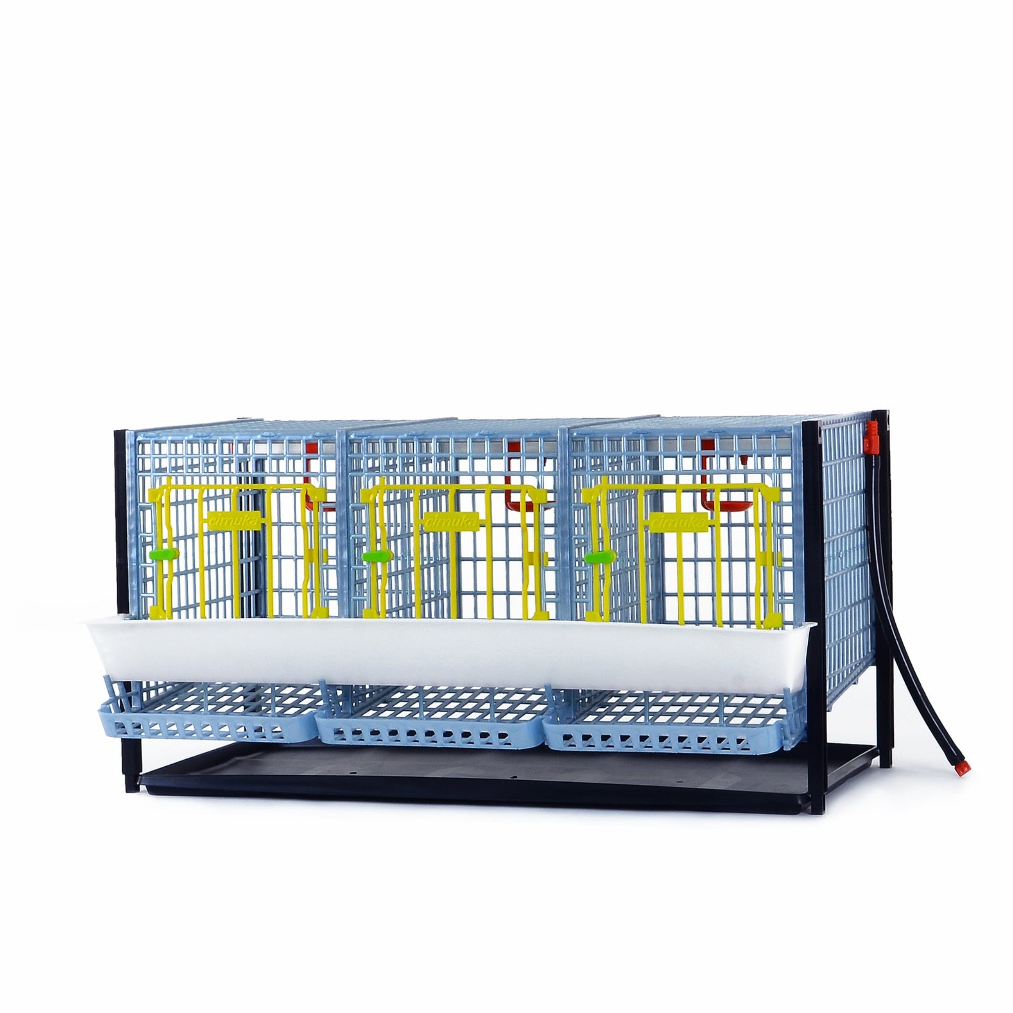 Hatching Time Cimuka. TYK40 15” Chicken cage layer addition. Image shows chicken cage front. Roll out egg trays can be seen on front under feeding trough. Water hose going down for automatic drinker system on side of cage..