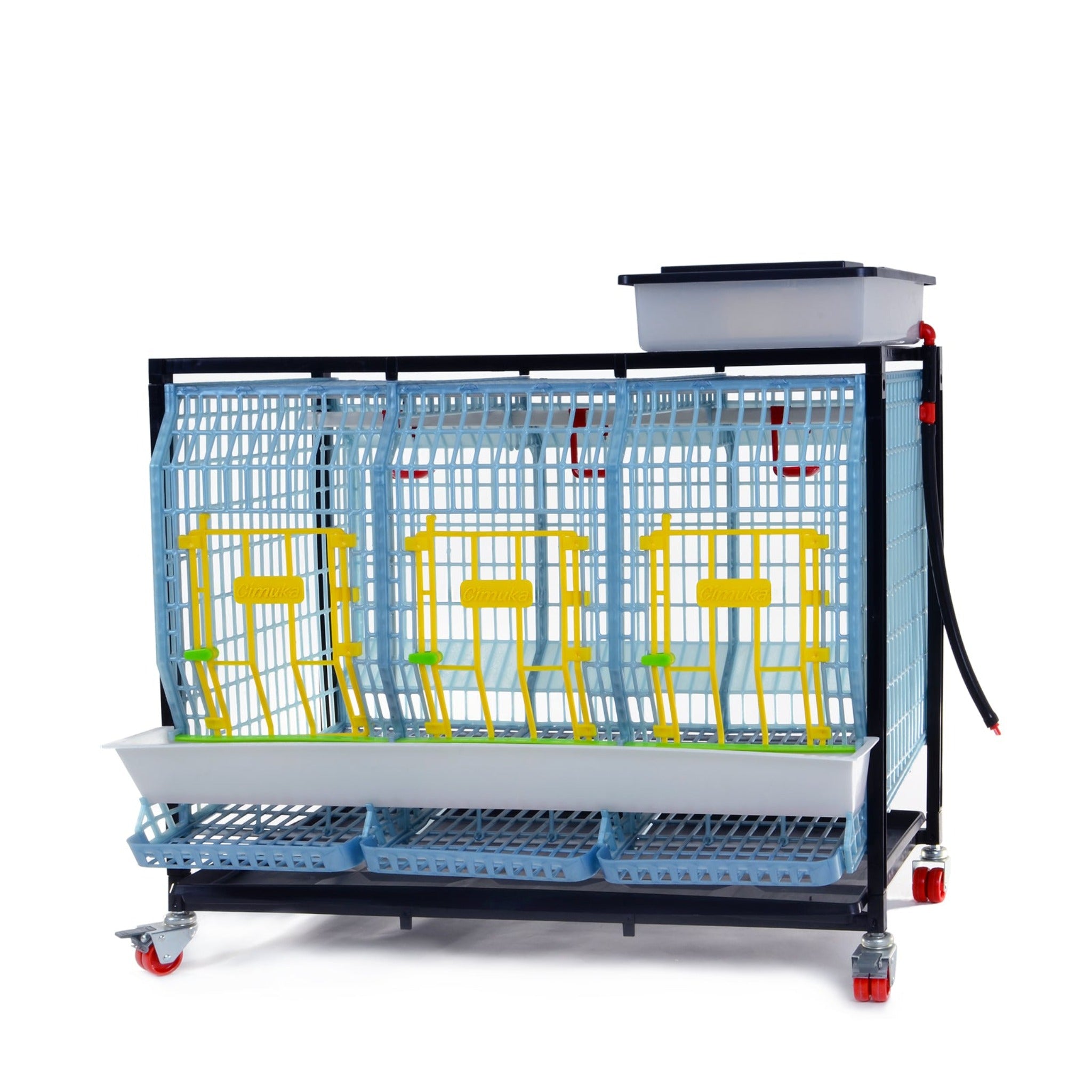 Hatching Time Cimuka. TYK60 22” Chicken cage 1 layer. Image shows chicken cage front. Roll out egg trays can be seen on front under feeding trough. Water reservoir tank is on top of cage with hose going down for automatic drinker system.