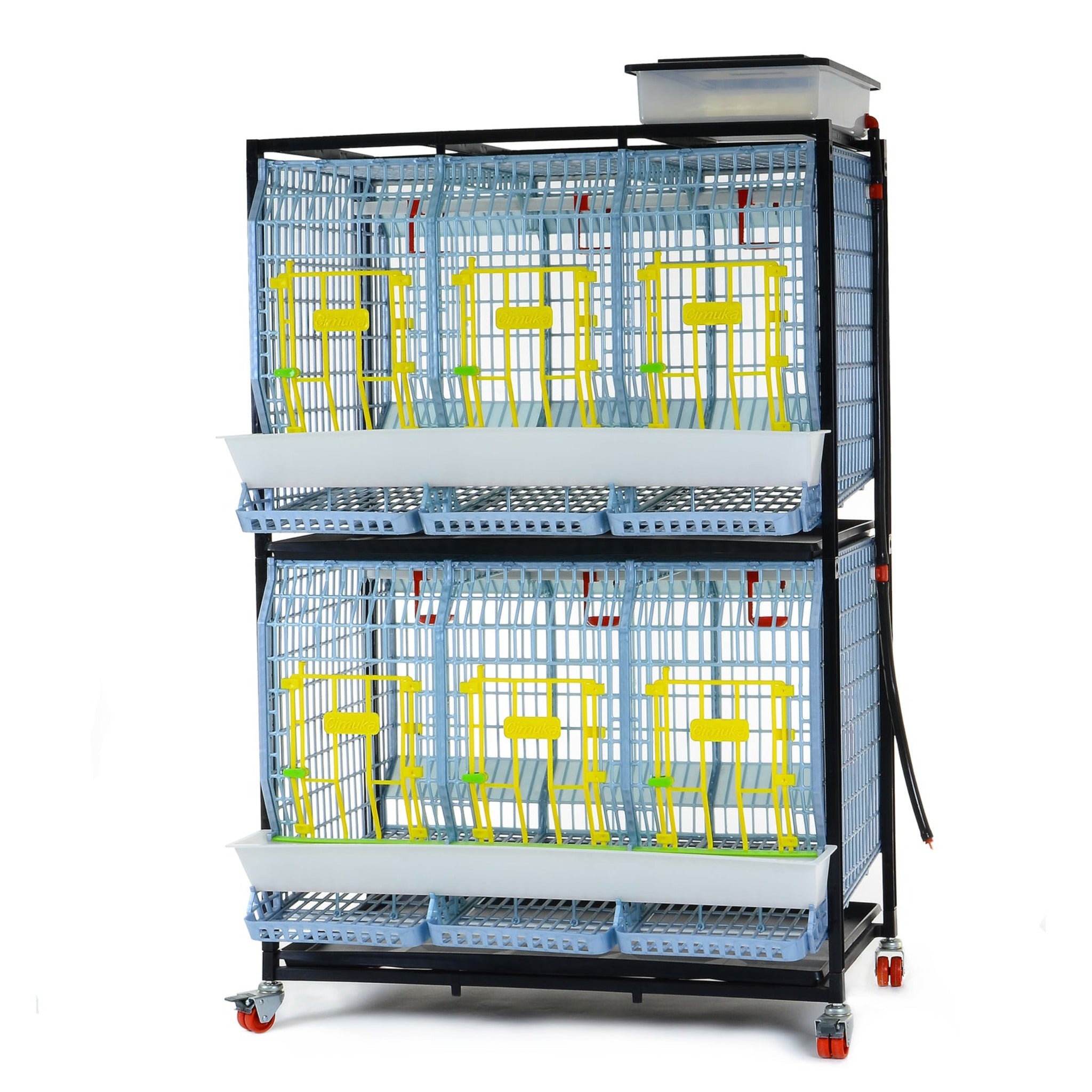 Hatching Time Cimuka. TYK60 22” Chicken cage 2 layer. Image shows chicken cage front. Roll out egg trays can be seen on front under feeding trough. Water reservoir tank is on top of cage with hose going down for automatic drinker system.