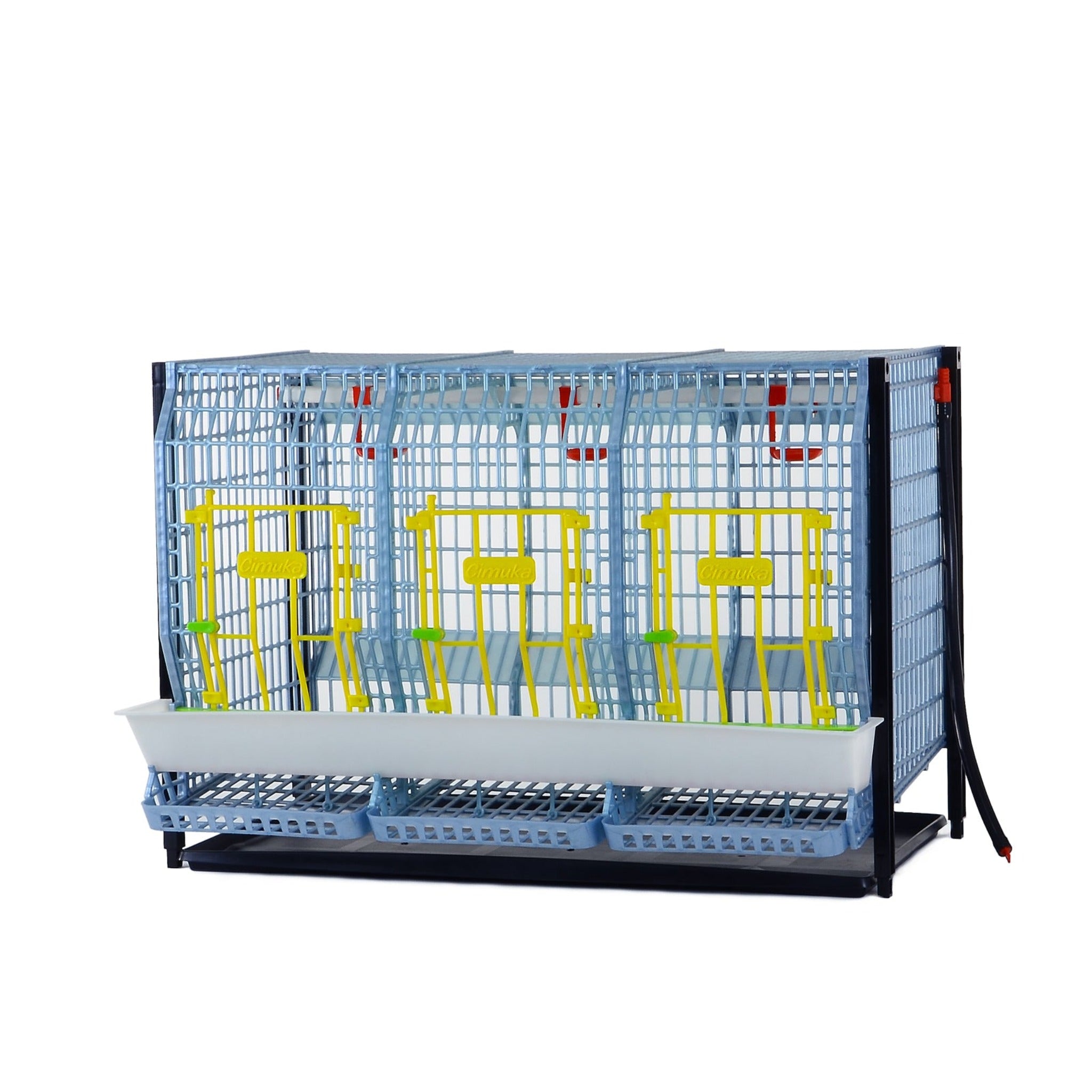 Hatching Time Cimuka. TYK60 22” Chicken cage layer addition. Image shows chicken cage front. Roll out egg trays can be seen on front under feeding trough. Water hose going down for automatic drinker system on side of cage..