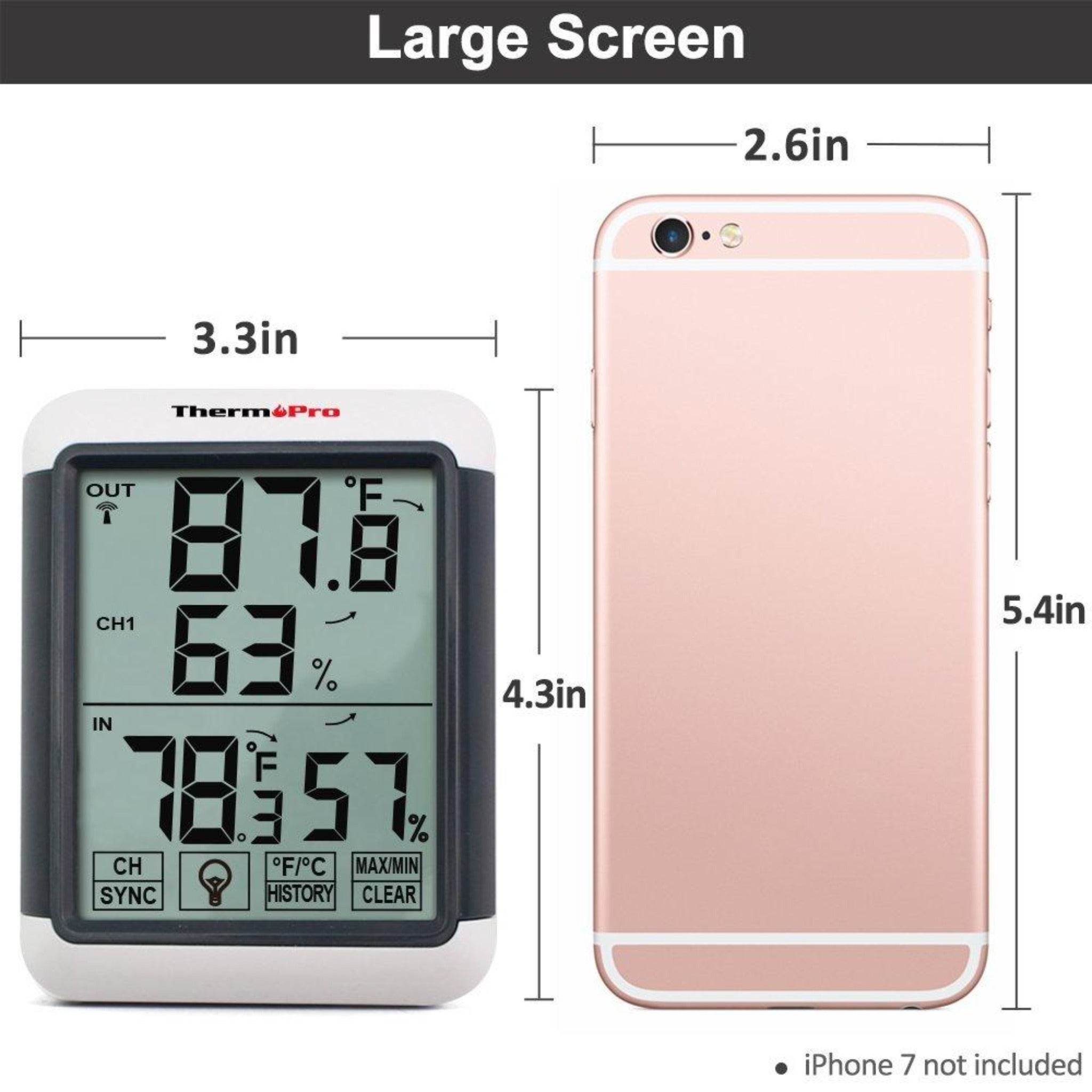Hatching Time Therm Pro. Large screen dimensions shown for sensor. 3.3 in wide by 4.3 in long.