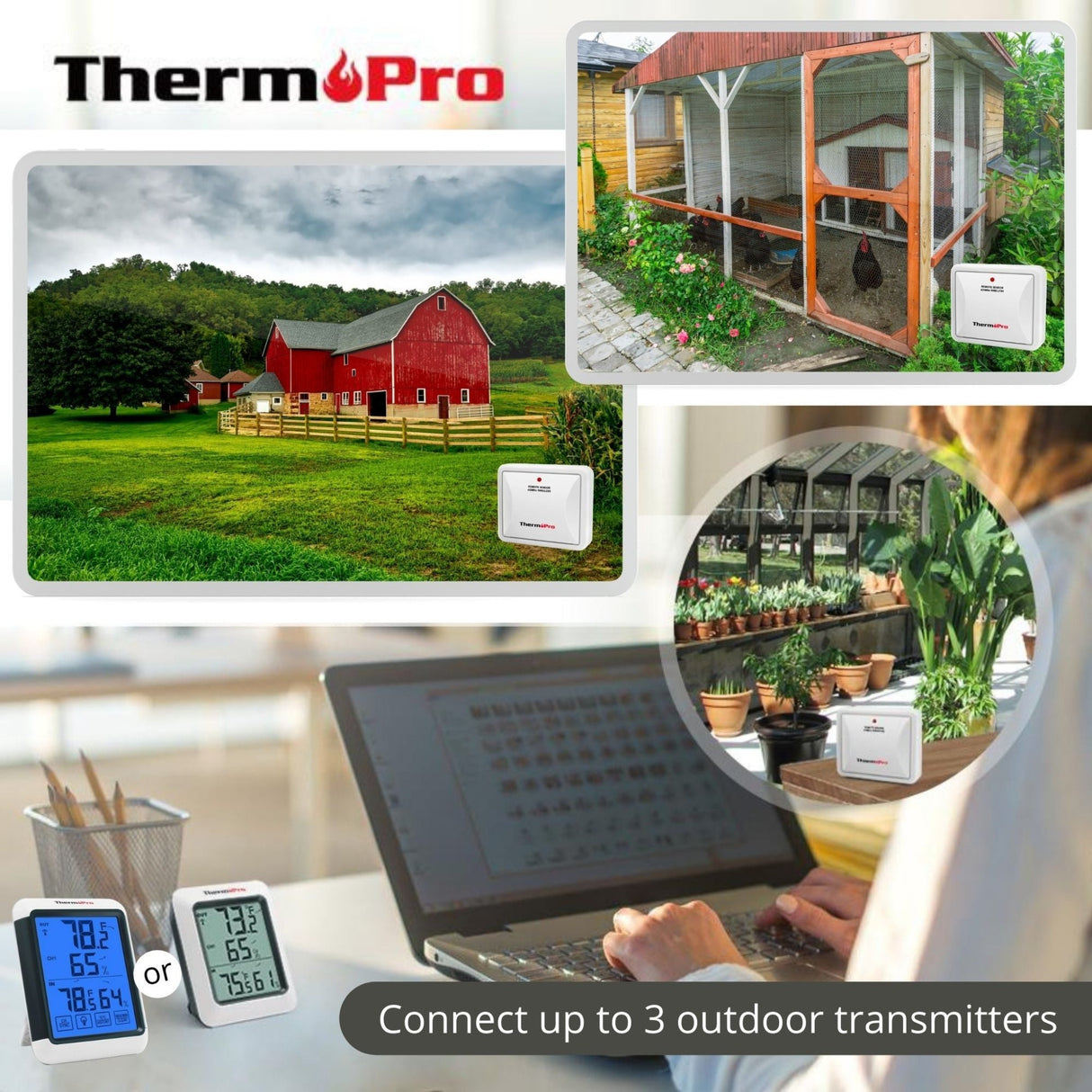 Hatching Time. Therm Pro sensor can be seen depicted in outdoor scenarios. An outside chicken coop, and barn house. Digital display can be seen inside next to someone monitoring up to 3 outdoor transmitters.