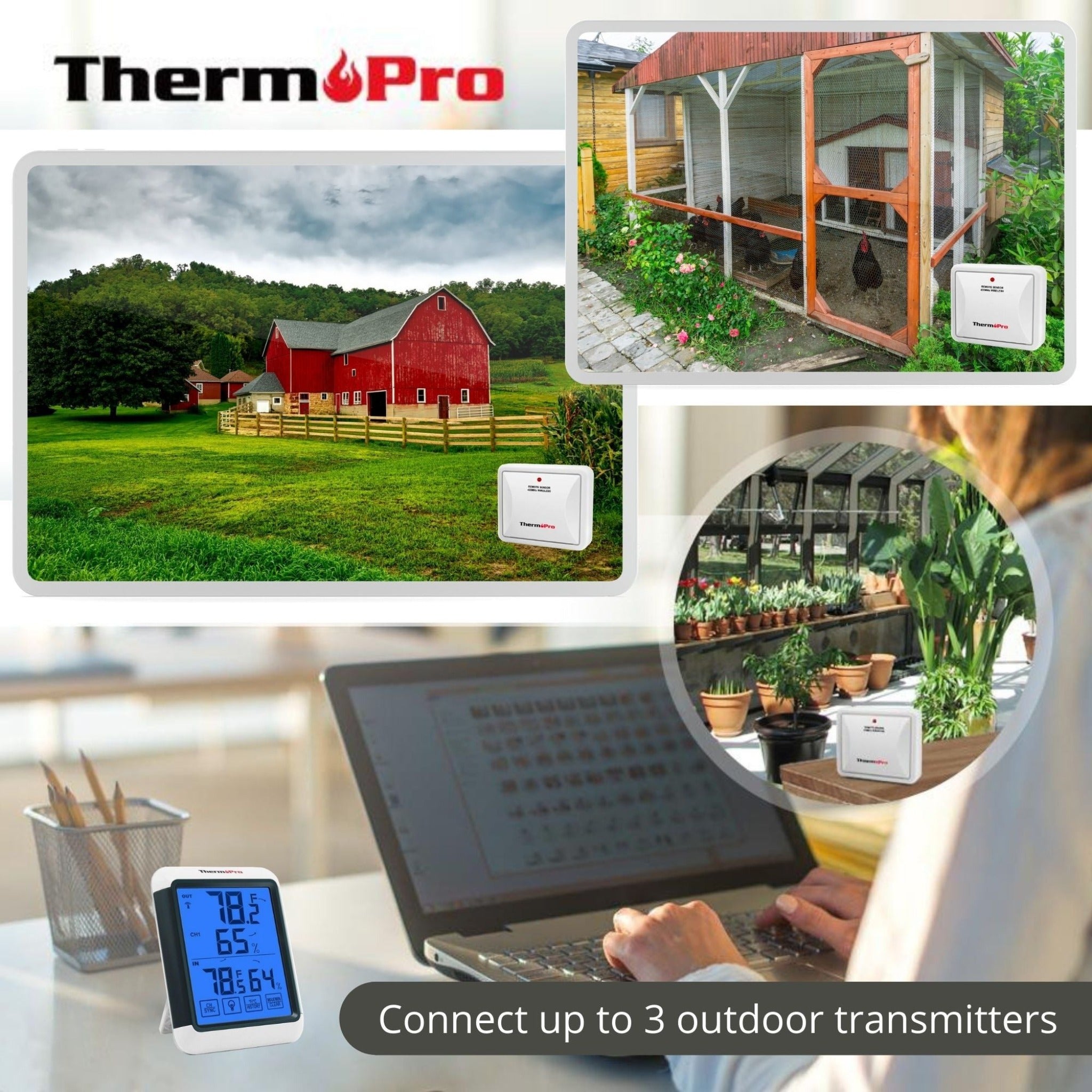 Hatching Time. Therm Pro sensor can be seen depicted in outdoor scenarios. An outside chicken coop, and barn house. Digital display can be seen inside next to someone monitoring up to 3 outdoor transmitters.