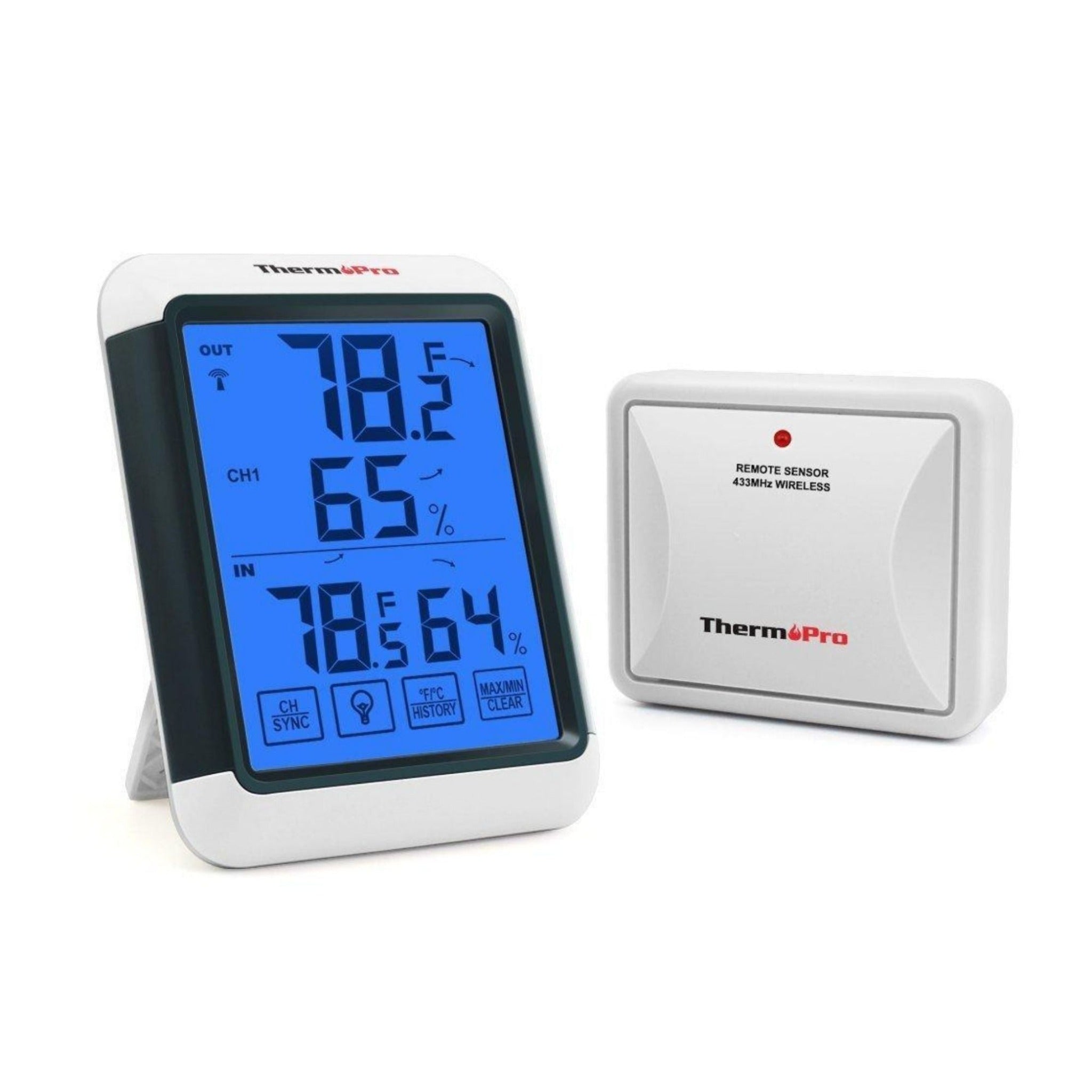 Hatching Time Therm Pro display visible showing temperature, and humidity percentage. Wireless sensor is also shown in image. 433 MHz Wireless signal shown.