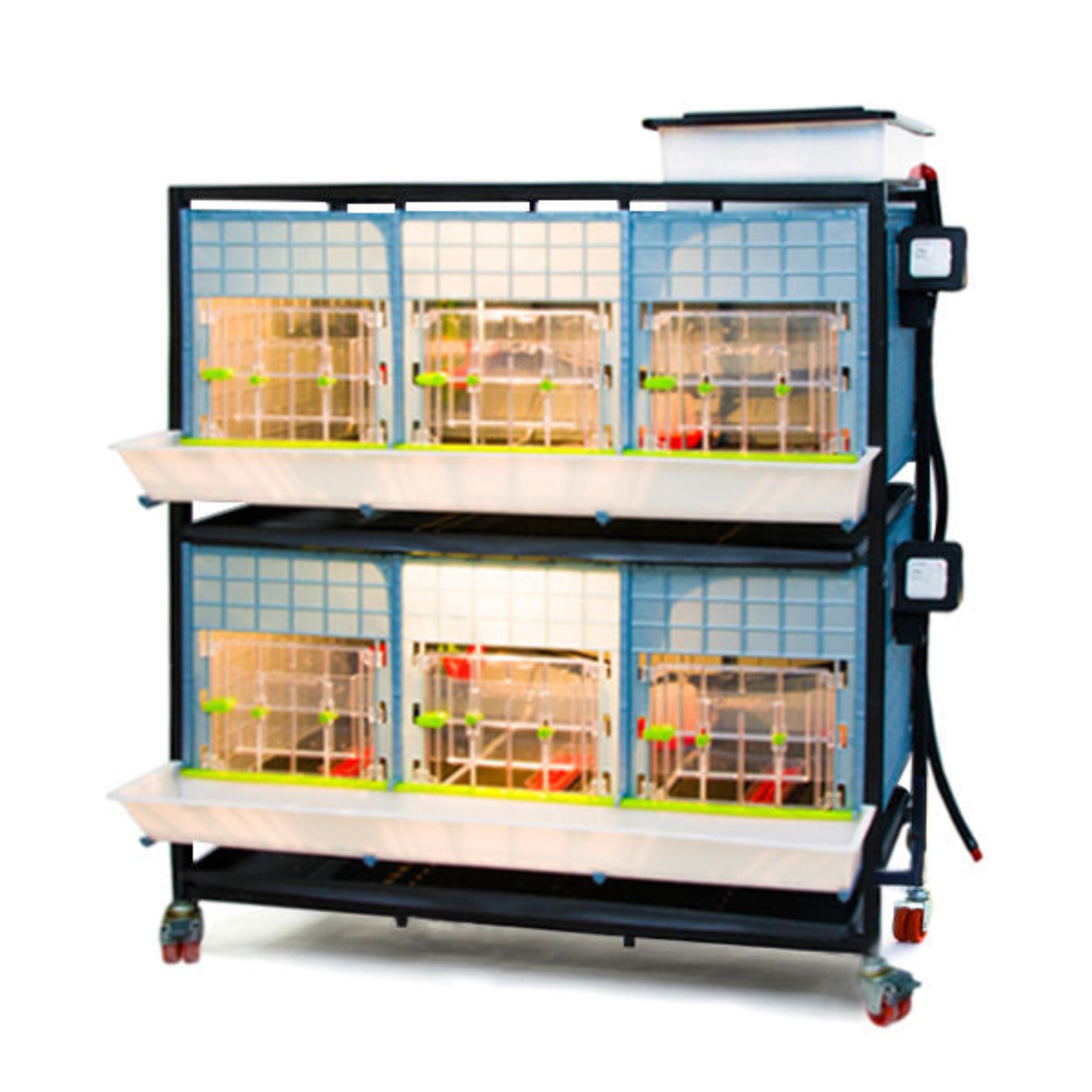 Hatching Time Cimuka 2 Layer 15 Inch Brooder front visible. Feeding trough is located on front of brooders. Clear plastic doors with locks can be seen with LED lights on inside. Heater thermostat visible on side of brooders. Brooders are on Metal frame with rolling casters for mobility.